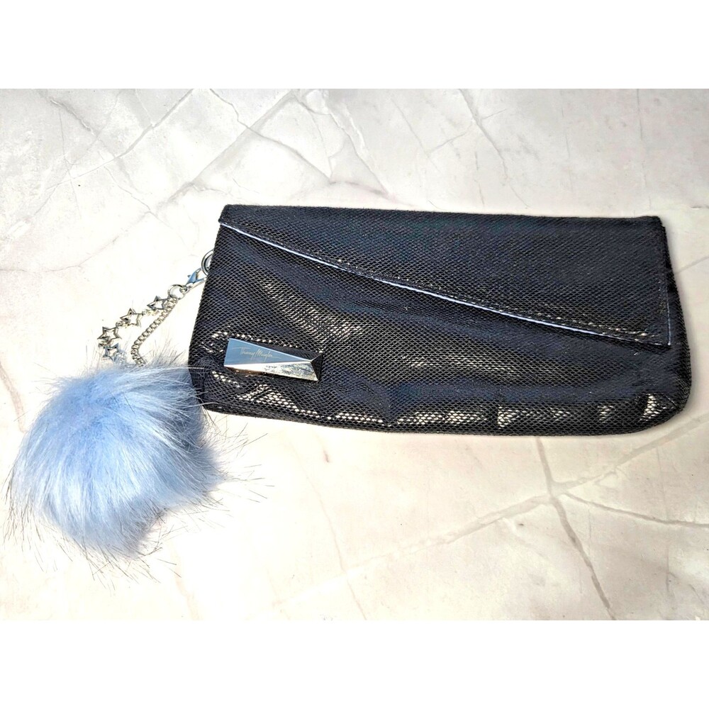 Thierry Mugler Black Textured Asymmetrical Clutch Beauty Bag w Bag Charms New